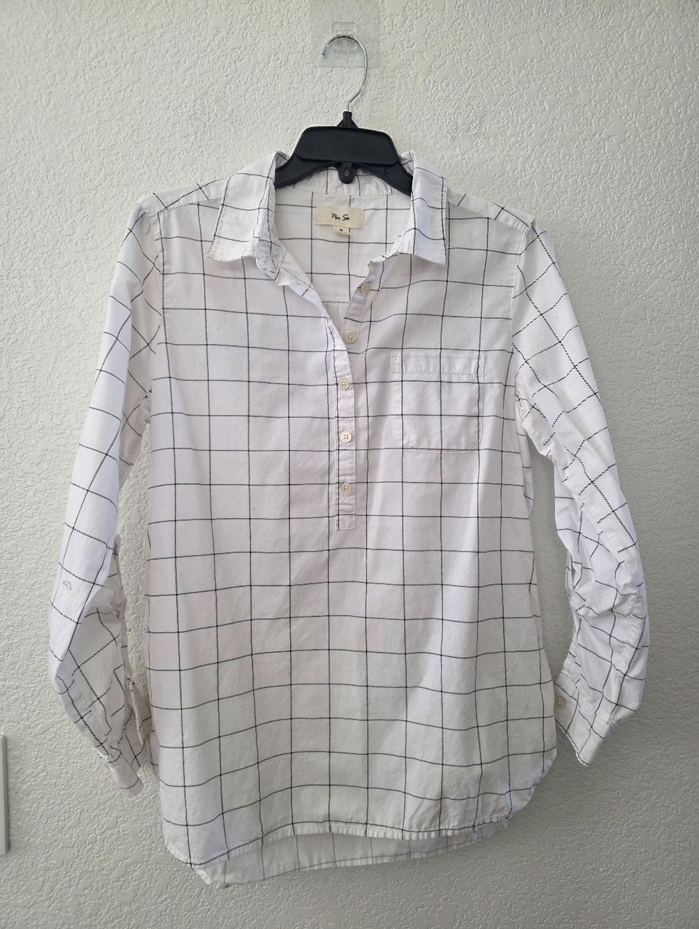 Per Se Windowpane Half Button up Shirt Long Sleeve M White